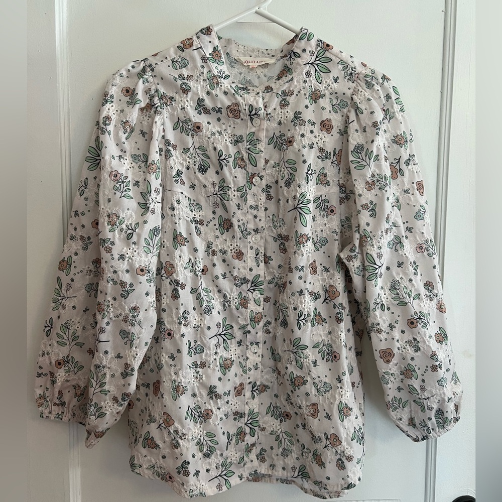 Solitaire Floral Printed Embroidered Eyelet Long Sleeve Top | Size S